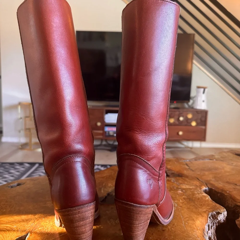 Frye Tall Burgundy Leather Stacked Heel Boots - Picture 4 of 5